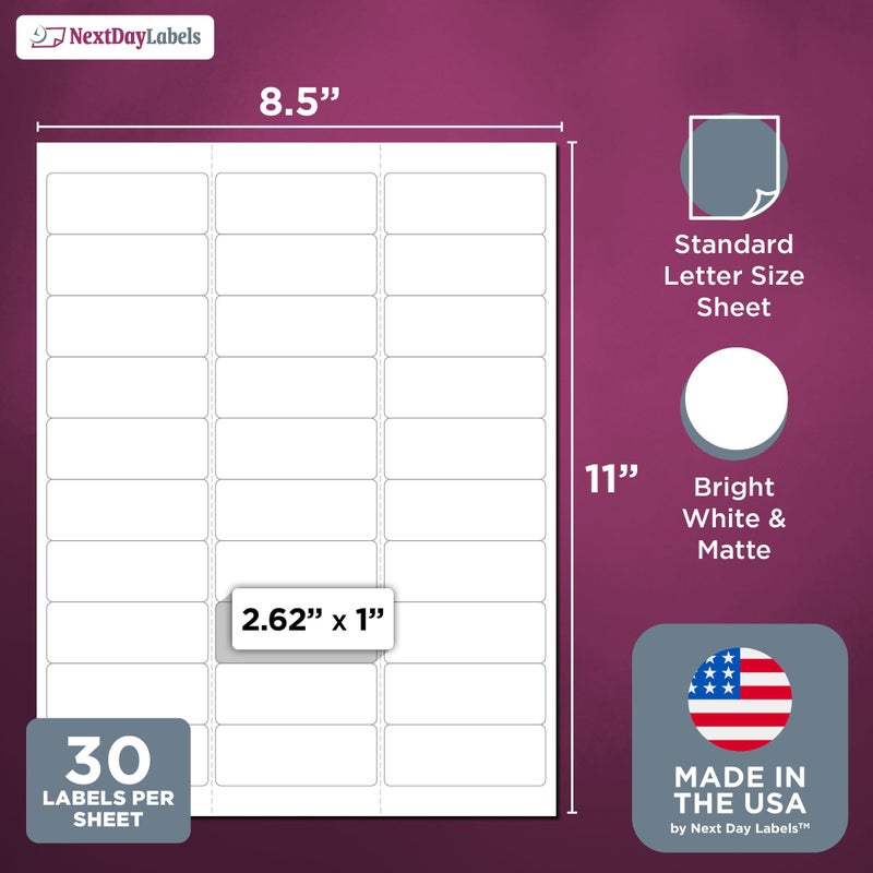 NextDayLabels - Laser/Ink Jet White Labels (2-5/8" x 1" - 30 Per Page | 7,500 Labels) - Image 2